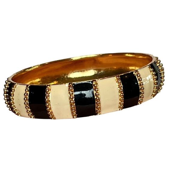 Kate Spade 12 Karat NY Harbor Lights Stripe Gold Black White Bangle Bracelet - Picture 1 of 6